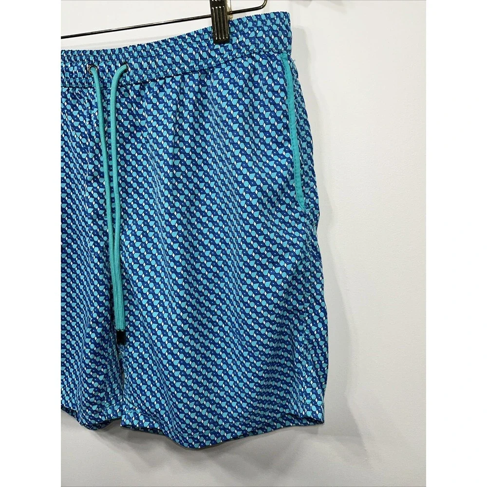Mr. Swim Men's Large 100% Nylon Blue/Turquoise 3D Boxes Swim Beach Board Shorts
